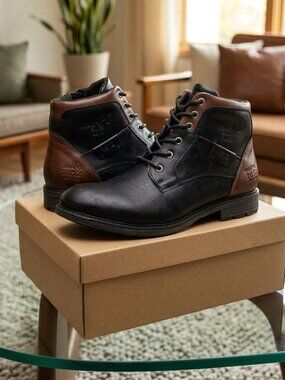 Men's Black Leather Oxford Boots Lace-Up Side Zipper Casual
